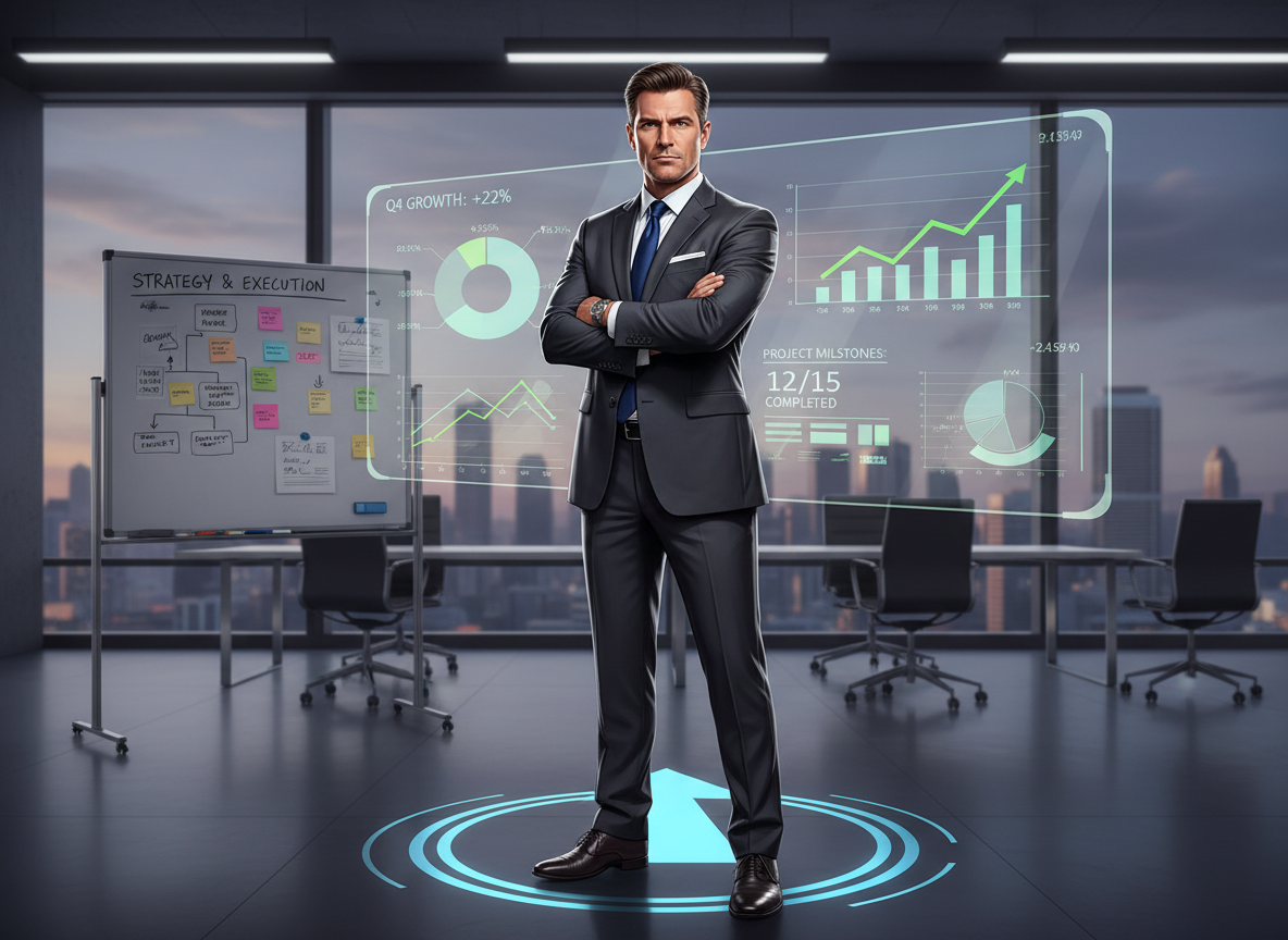 Executive leader in a modern boardroom reviewing growth dashboards and strategy plans