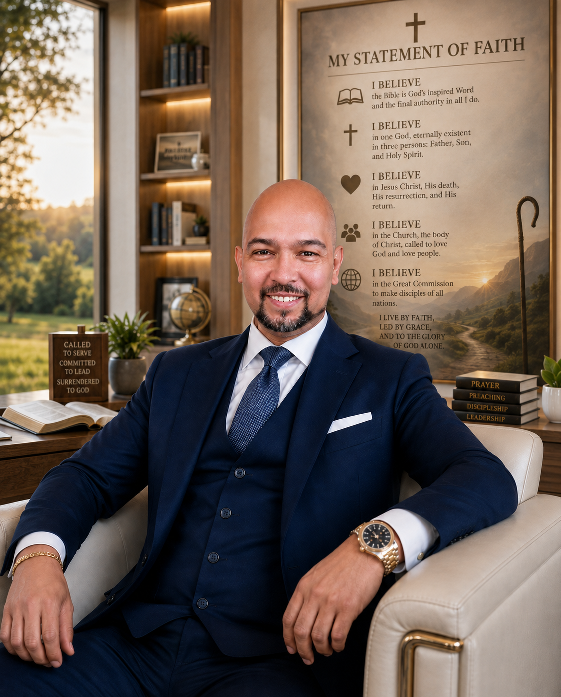 Pastor Shawn Pinto seated in a wood-panelled church study in a navy three-piece suit, an open Bible on the desk beside him and a framed Statement of Faith on the wall behind