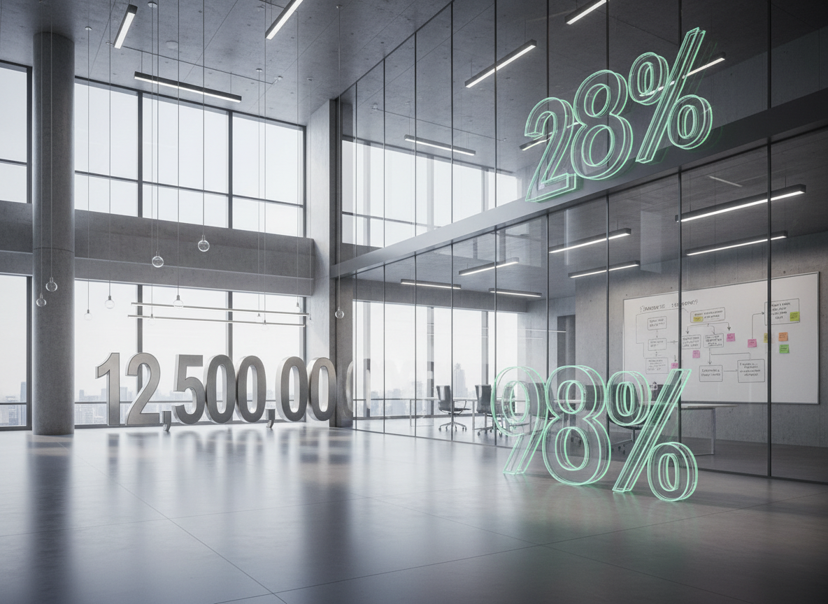Monumental figures representing operational metrics displayed inside a modern corporate office